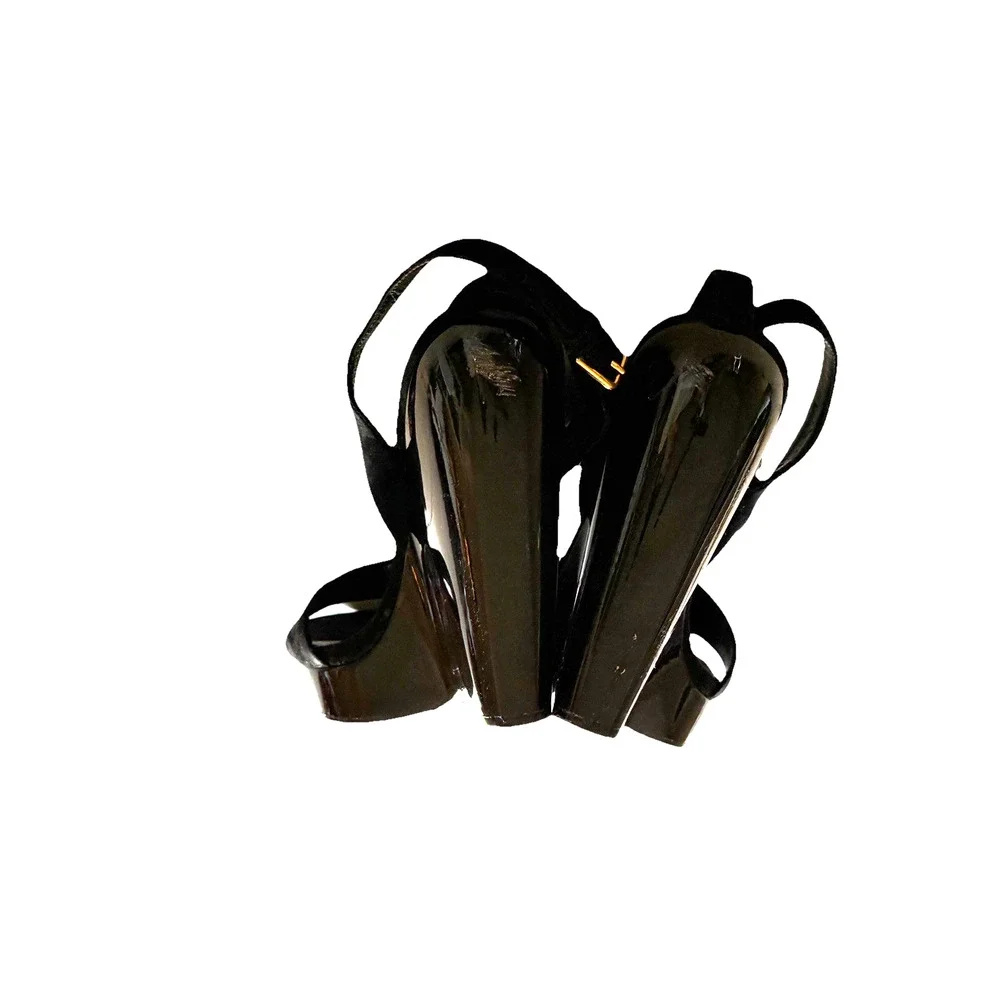 YSL Saint Laurent 2010s Era Lacquered Wedges Suede Wood Heel Black Heels Damage - Picture 3 of 16